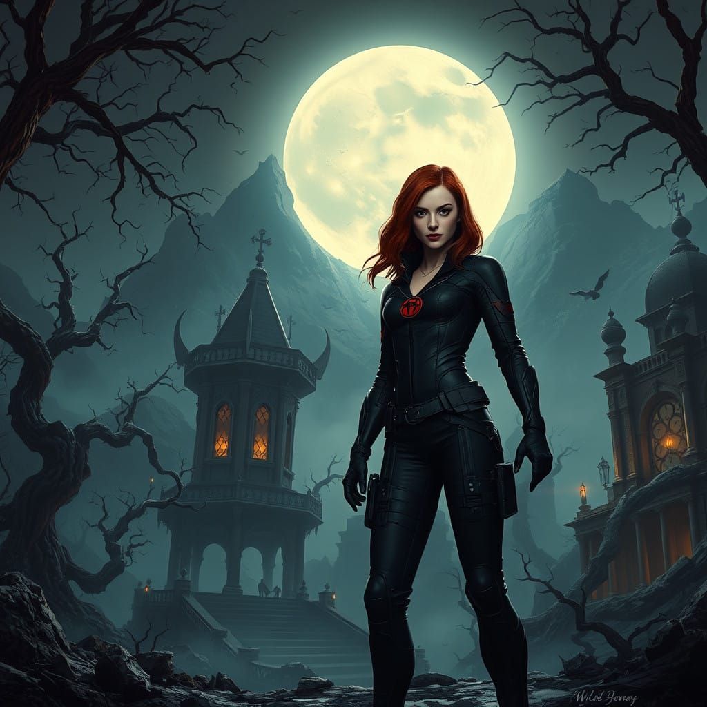 Heroic Black Widow in Mystical Moonlit Landscape