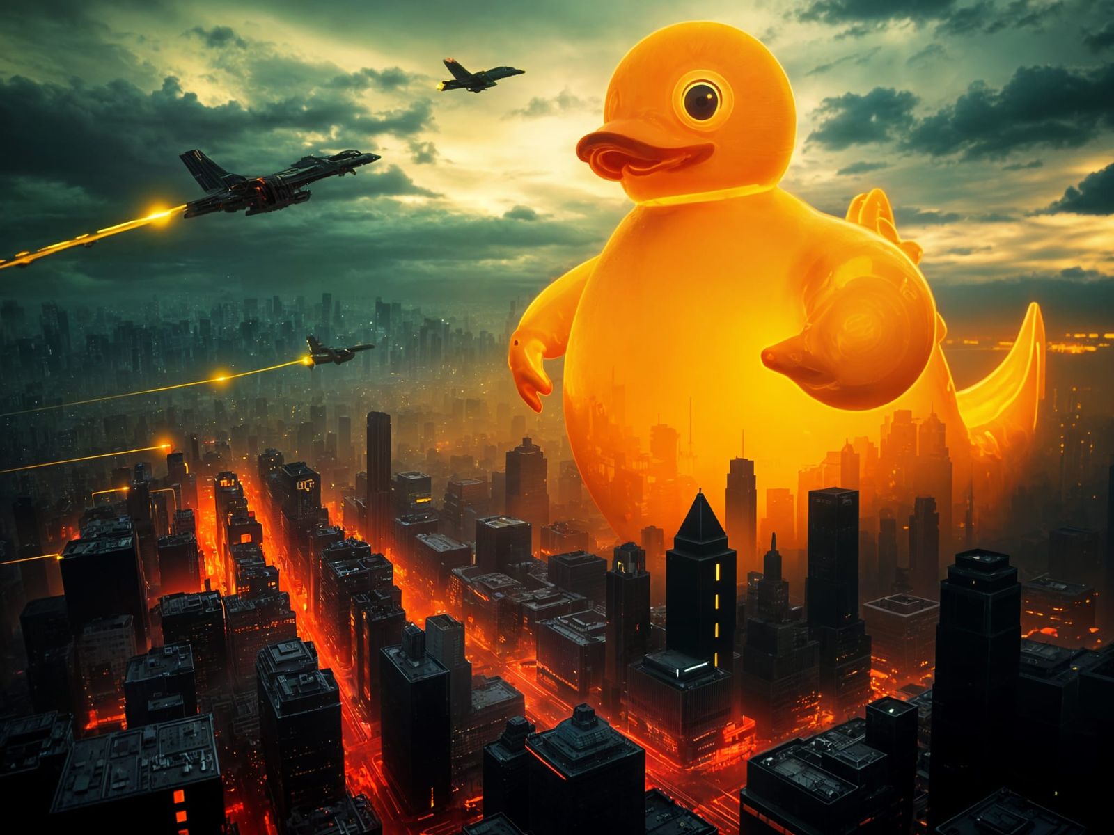Glowing Rubber Ducky Towering Over Modern Metropolis