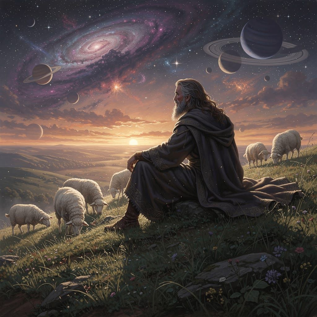 Mystic Man at Sunset with Cosmic Sky in Painterly Realism