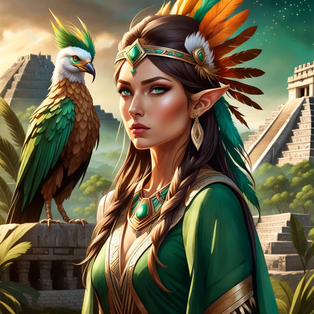 Fantastical Aztec Elf Goddess with Phoenix Familiar