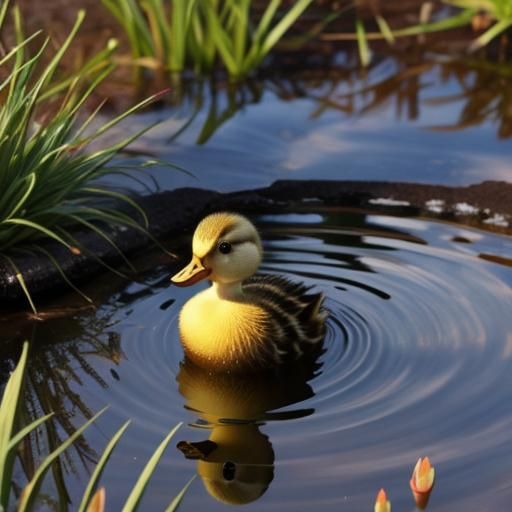 Quacking Baby Duck in Serene Pond Scene