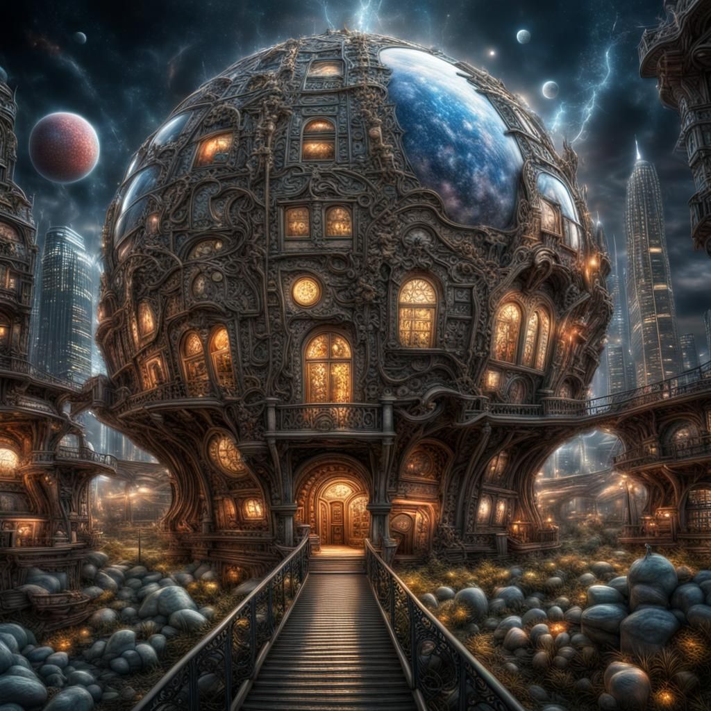 Surreal Cosmic Metropolis on a Distant Planet