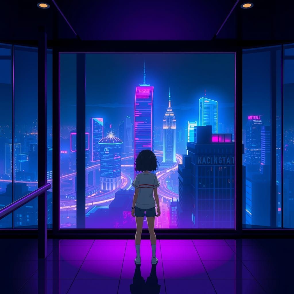 Anime Character Finds Solace in Confined Neon Sanctuary