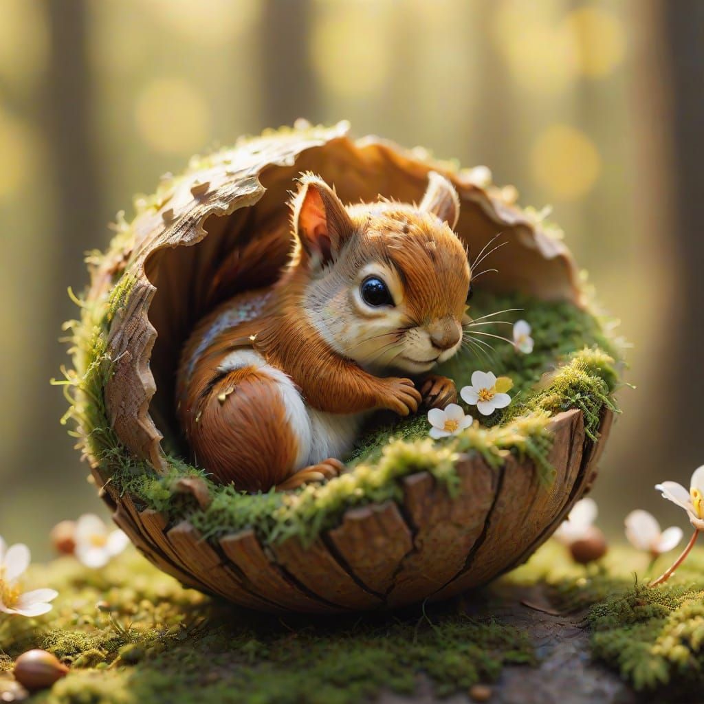Whimsical Baby Squirrel Scene in Warm Golden Light