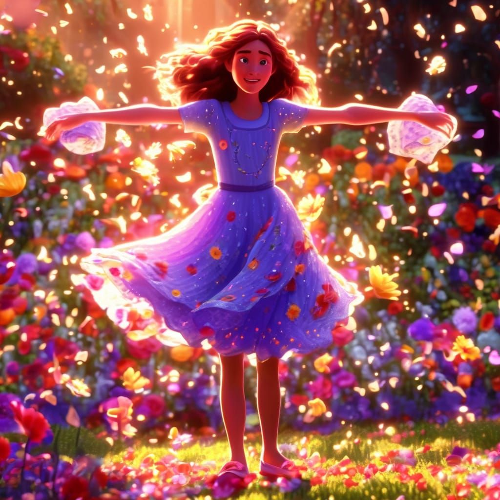 Girl Dancing in Garden in Disney Pixar Style