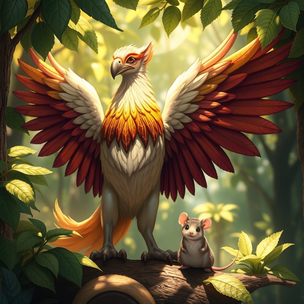 Griffin and Mouse Friendship in Sunlit Forest