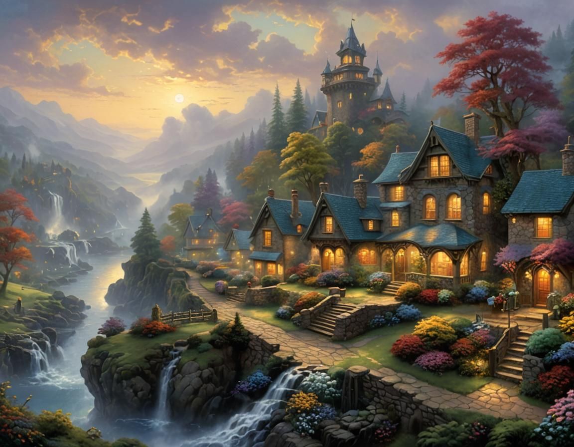 Ethereal Fantasy Village in Soft Morning Light