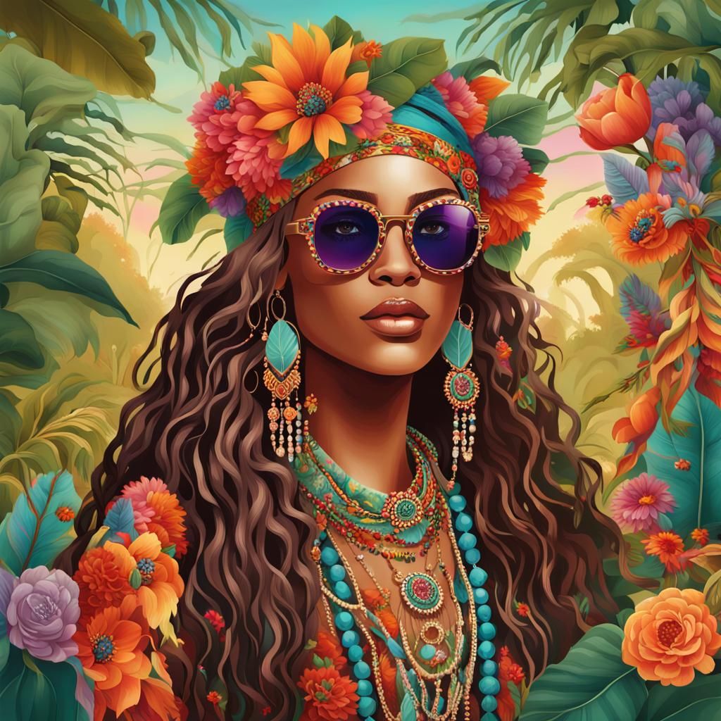 Young Bohemian Woman in Whimsical Floral Wonderland