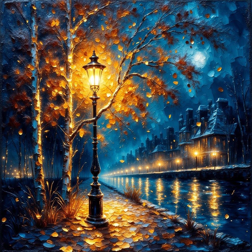 Street Lamp Glows in Park at Night, Neo-Impressionist Style