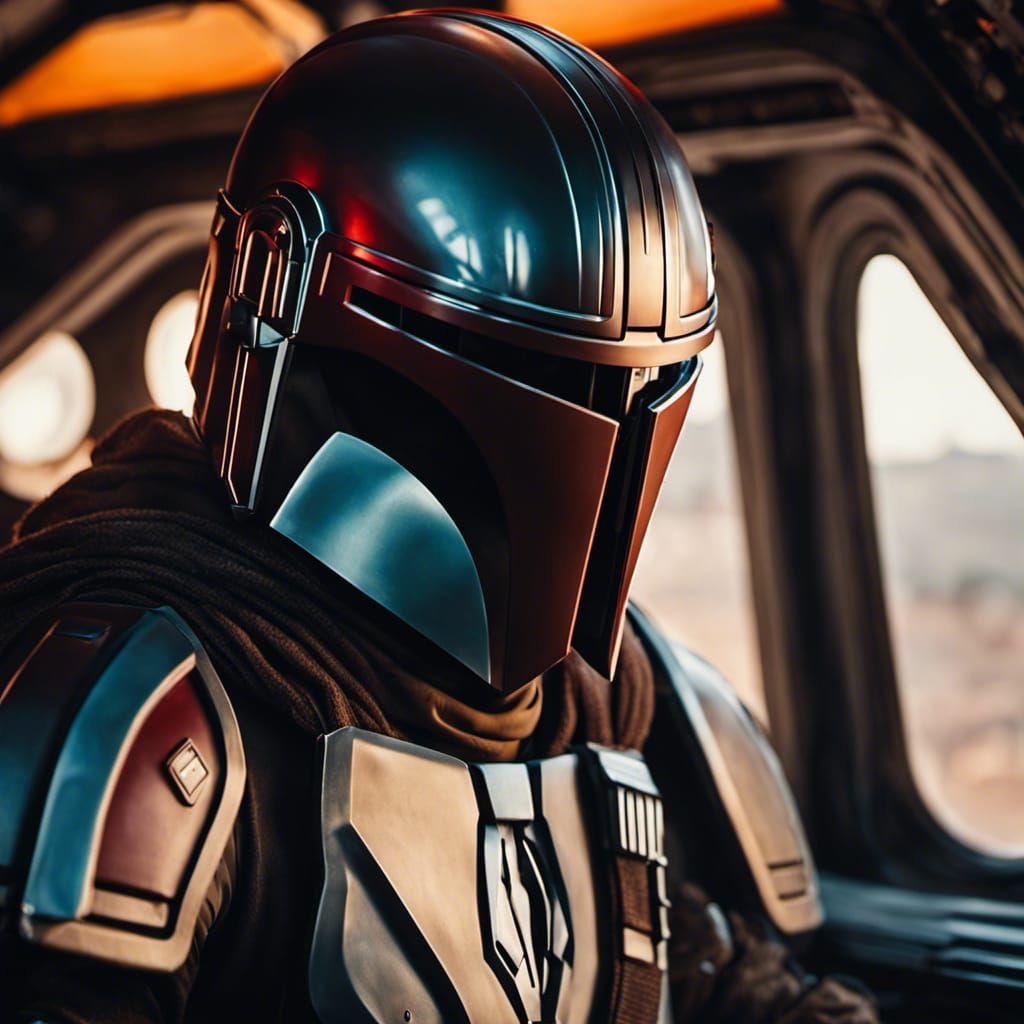 Din Djarin Piloting Spaceship: Realistic Cinematic Photo