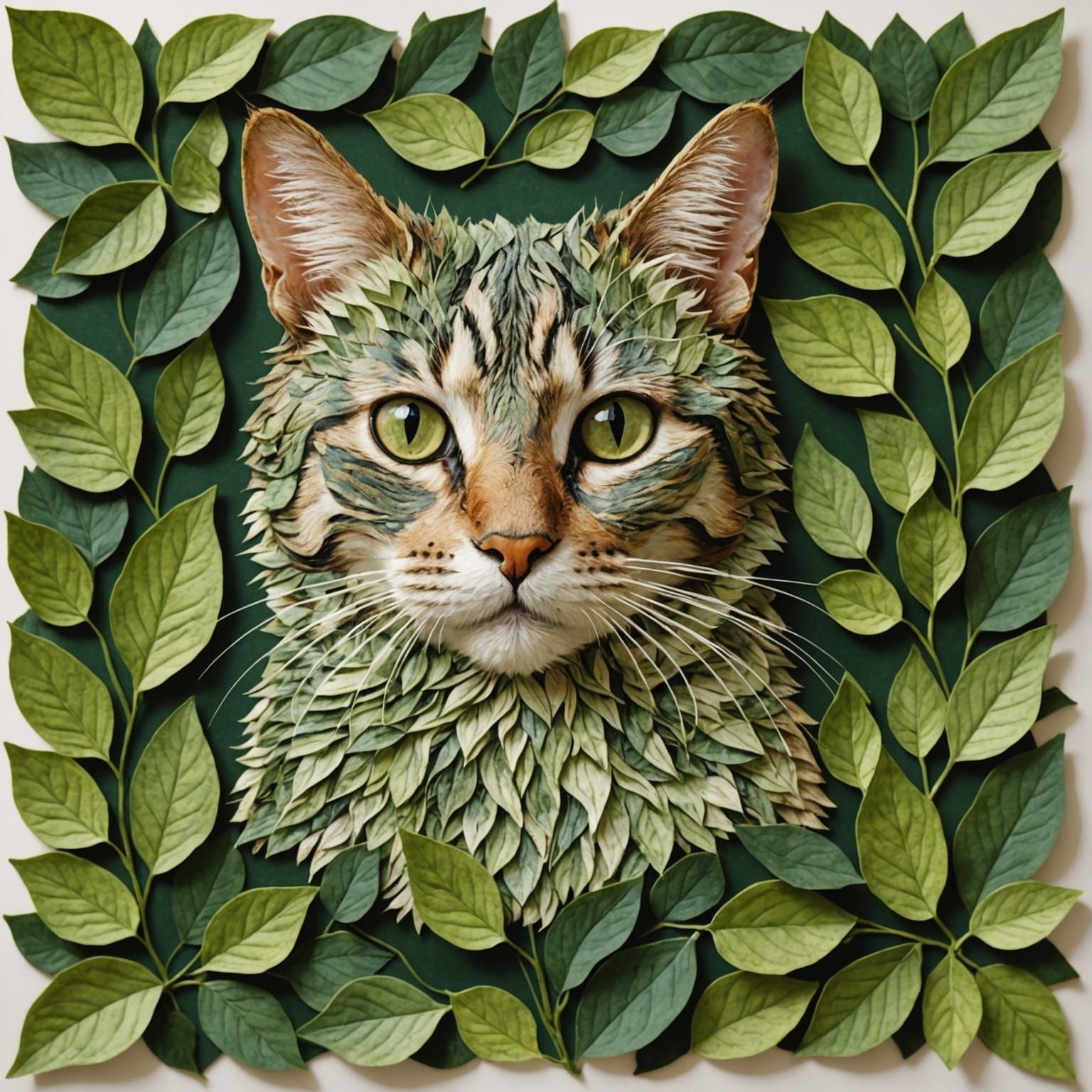 William Morris-Inspired Cat Portrait in Leaf Art