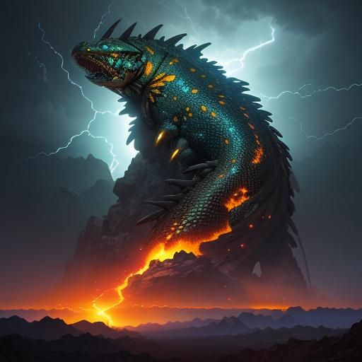 Several small exploding Giant neon chrome white yellow silver Gila Monsters in Sonoran desert canyon in lightning and wi...