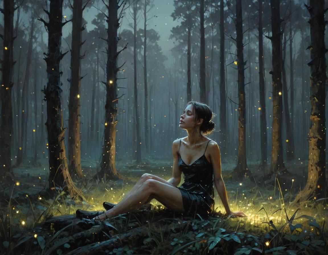 Surreal Night Scene with Whimsical Forest Girl in Dramatic L...
