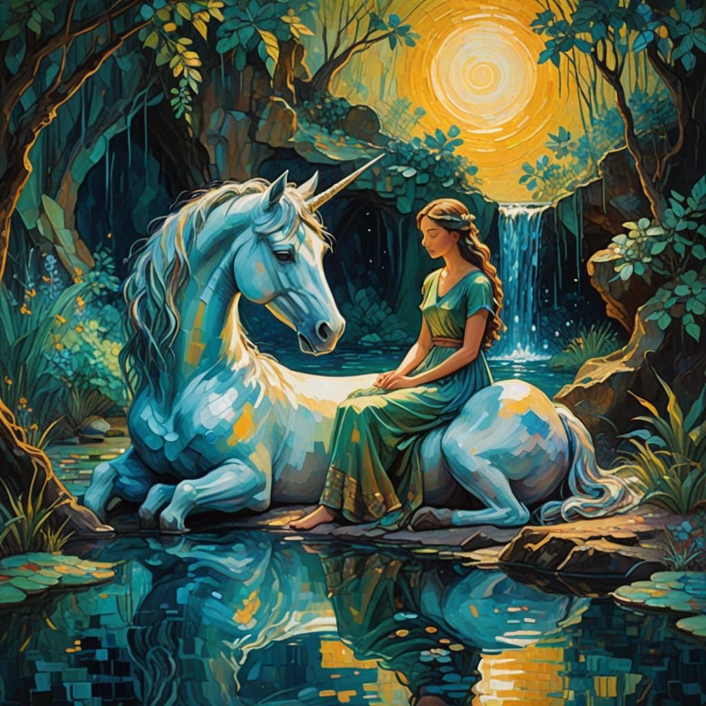 Goddess and Unicorn in Vibrant Cenote Oasis