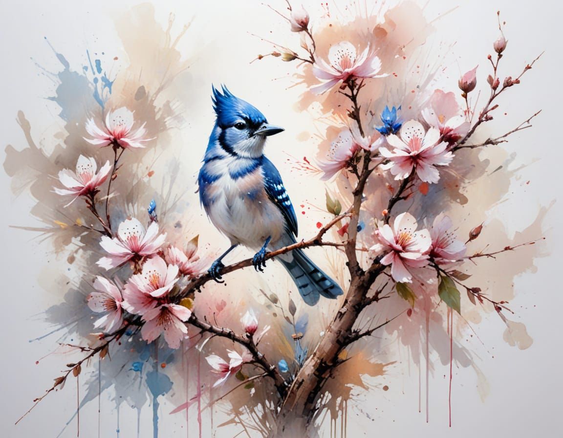 Whimsical Bluejay on Blossom Tree in Watercolour Style