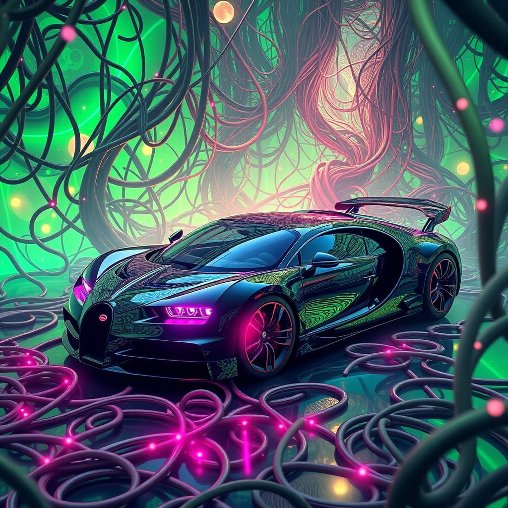 Futuristic Veyron in Iridescent Green Spaghetti Landscape