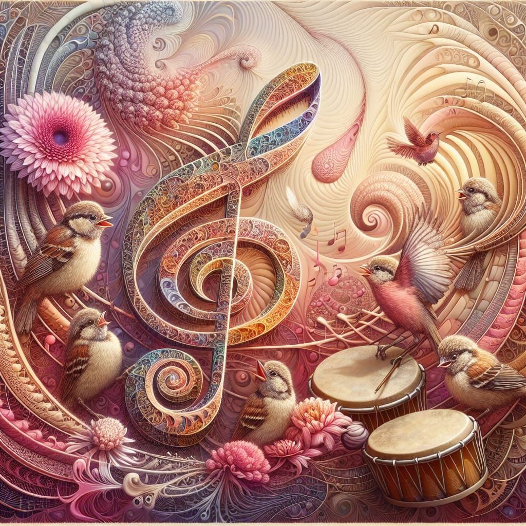 Fractal Harmony of Song Sparrows in Vibrant Artistic Fusion