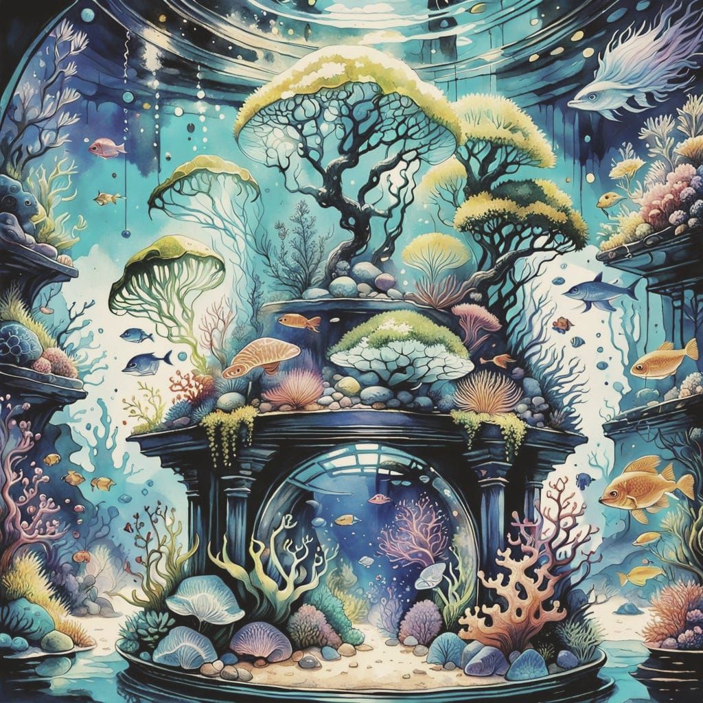 Surreal Oceanic Terrarium in Vibrant Watercolor Style