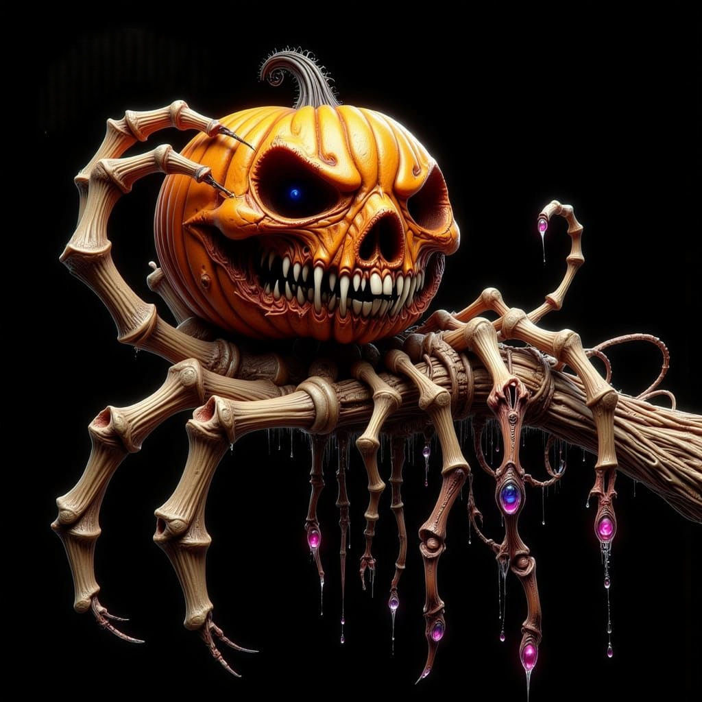 Eerie Pumpkin Skull Head on Bone Hand with Jewellery Nails