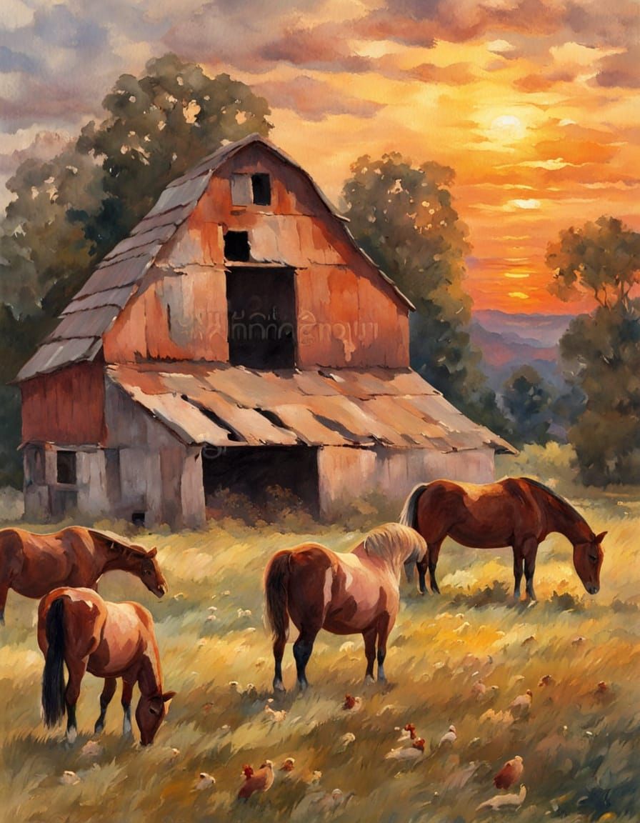 Epic Gouache Landscape with Horses, Chickens, and Cows