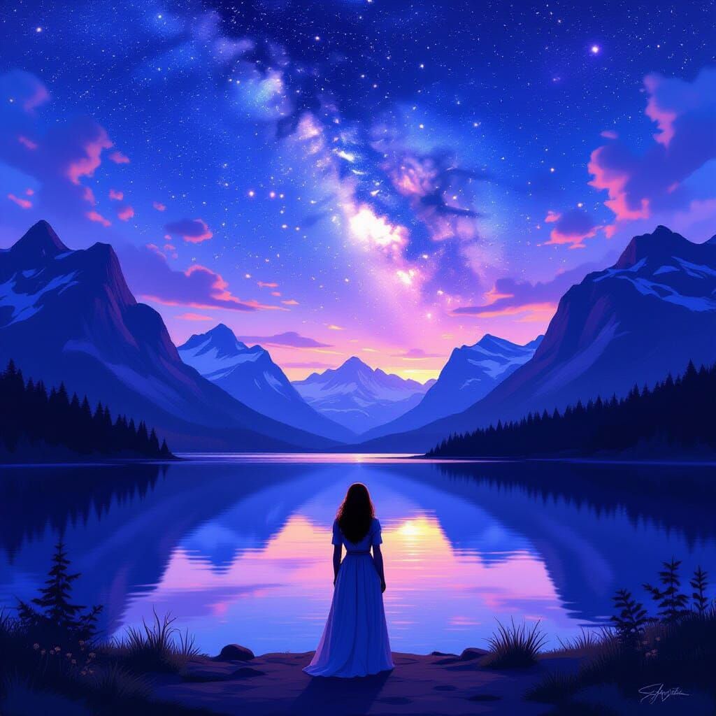 Starry Lake Reflection in Bierstadt Style