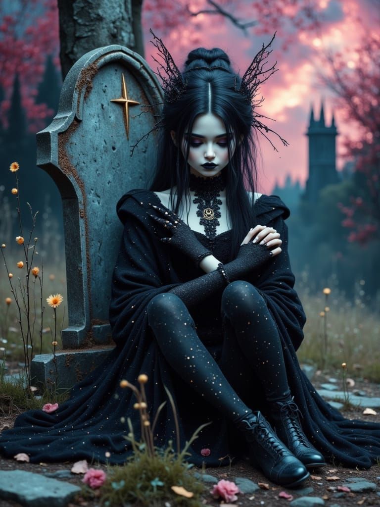 Melancholic Goth Girl by Gravestone