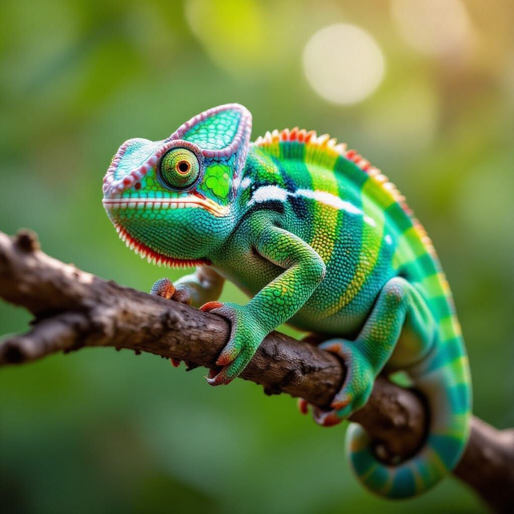 Colorful Chameleon with Shifting Scales on Branch