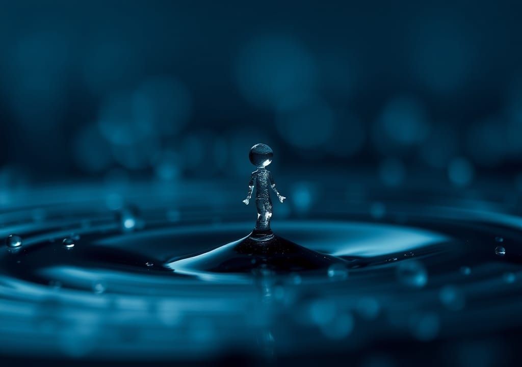 Waterpeople Emerge from Ocean Dewdrops in Dark Macro Close-u...