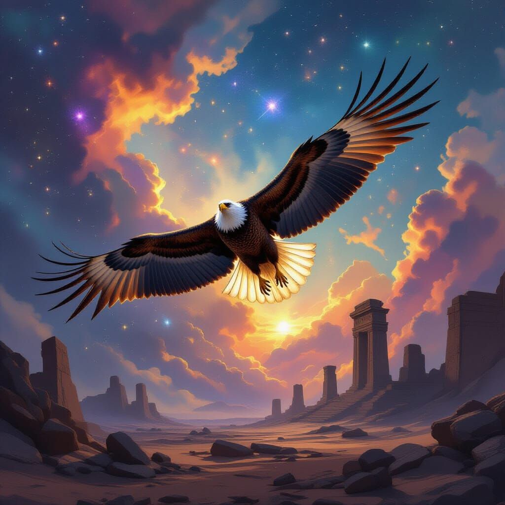 Majestic Eagle Soars Through Nebula Above Ancient Ruins