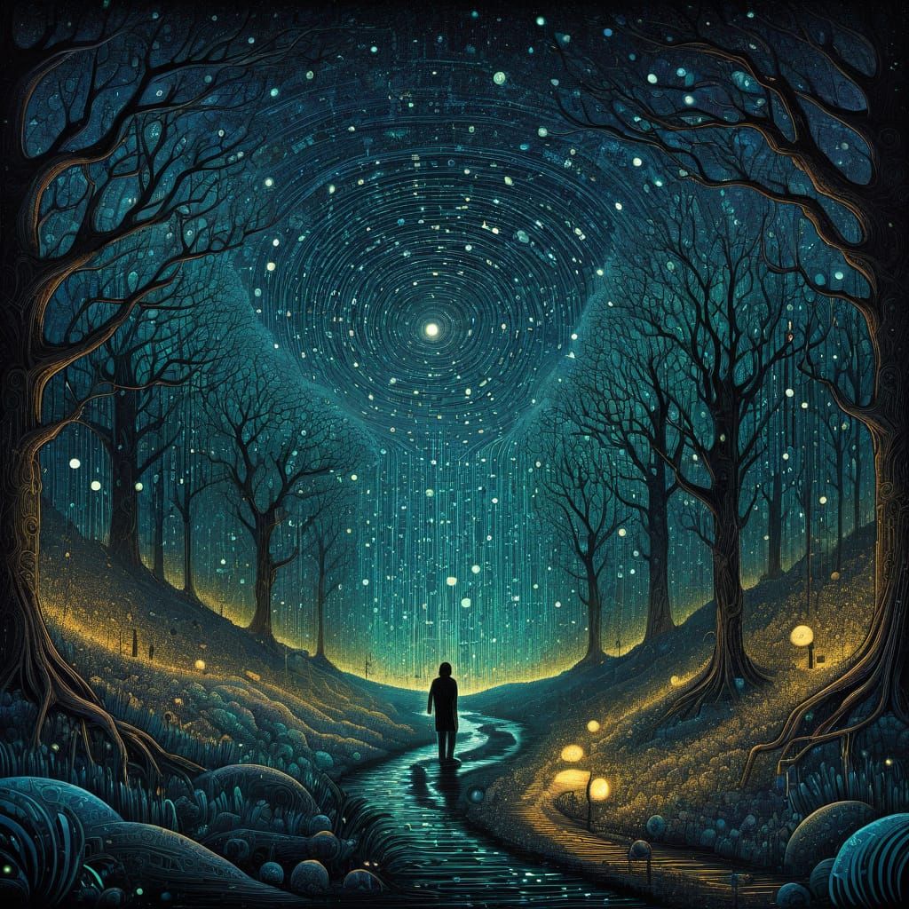 Surreal Cosmic Dreamscape in Dark Binary Code