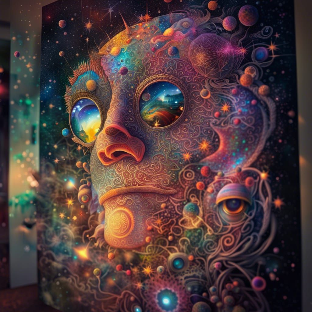 Surreal Astral Cosmic Scene in Vibrant Mixed Media