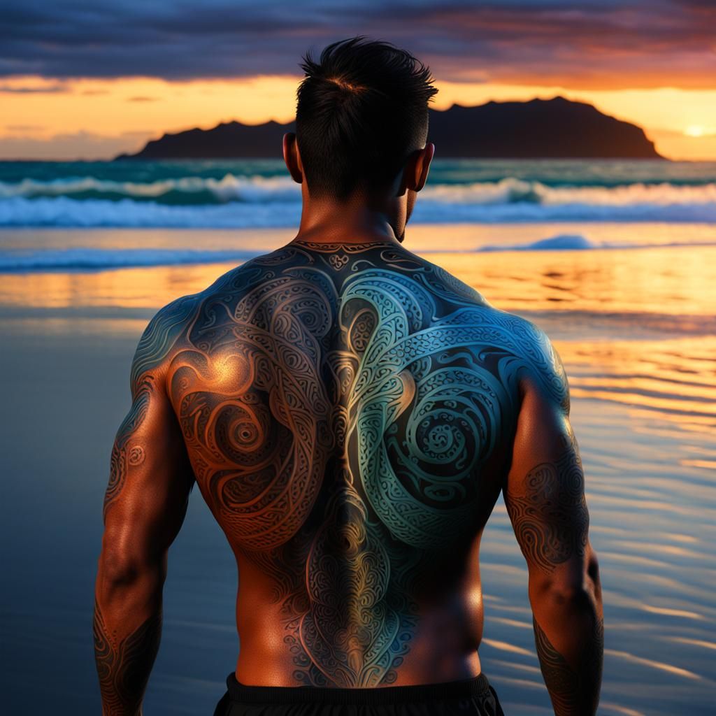 Hyperrealistic Maori Warrior Glows in Sunset Splendor