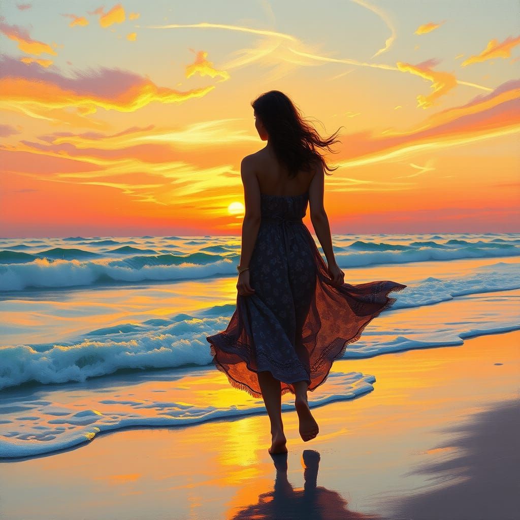 Rainbow Sunset Beach Scene with Woman Walking