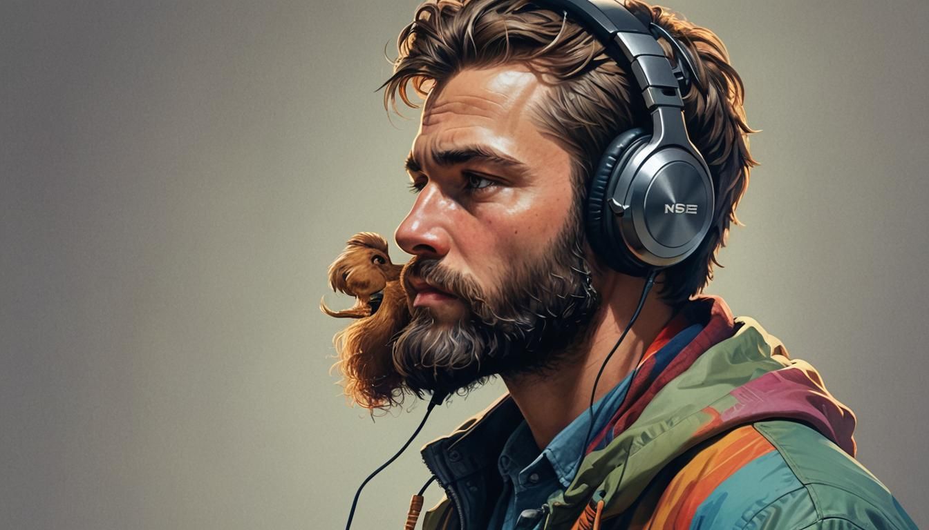 Intensely Focused Realism Art of a Beard-Wearing Man in a Dr...