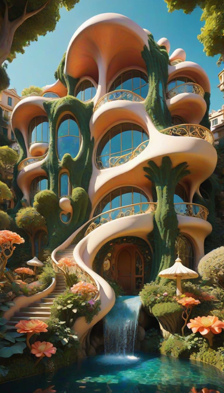 Surreal Art Nouveau Architecture with Whimsical Garden