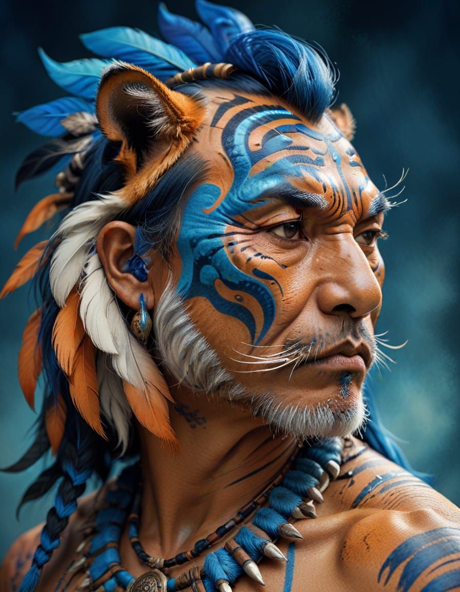 Ancient Warrior Chief in Tribal Tiger Attire