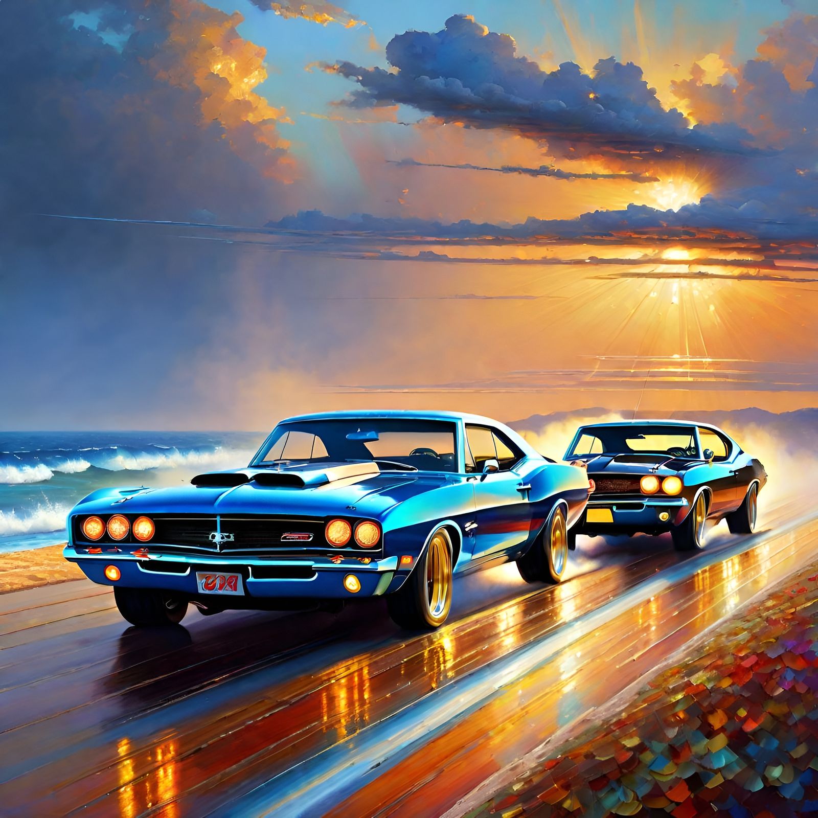 Vibrant Pointillist Rendition of Retro Drag Racing on Beachs...
