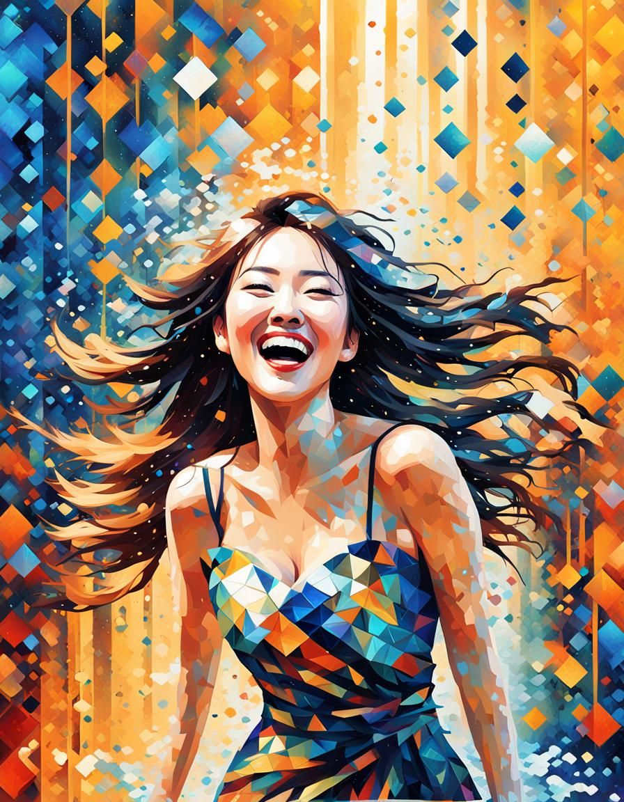 Digital Cubist Portrait of a Laughing Chinese Woman in Abstr...