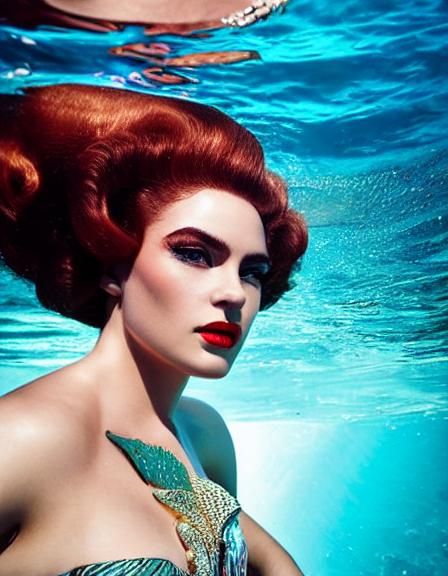 Retro Mermaid Girl Captured in Underwater Serenity