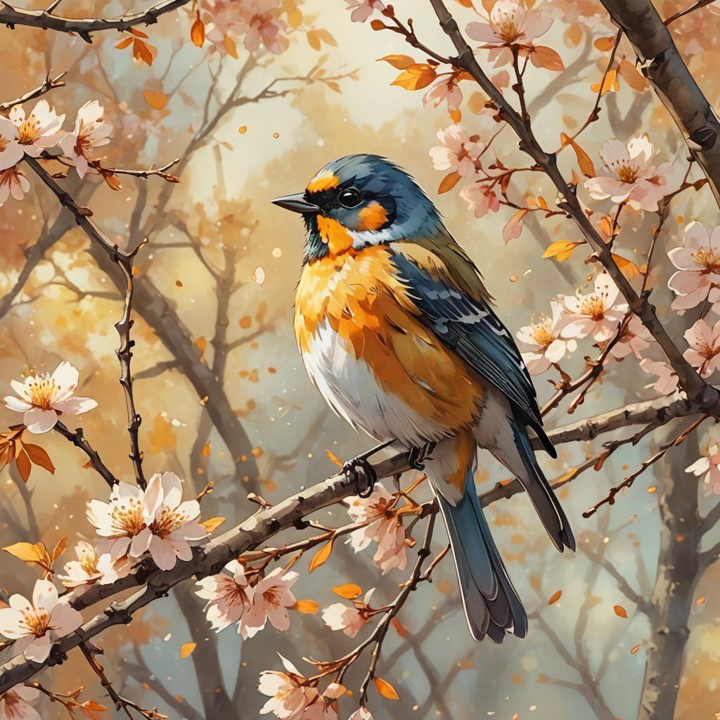 Soft Watercolor Autumn Bird in Whimsical Japanese Anime Styl...