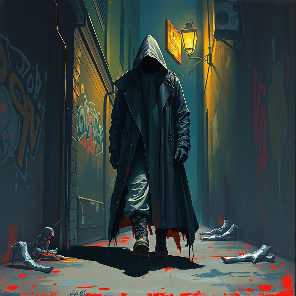 Cloaked Figure in Alleyway: Graffiti Street Art