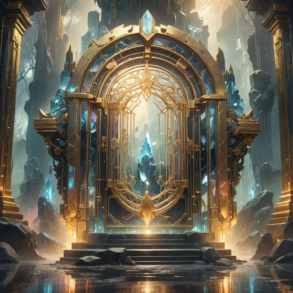 Surreal Crystal Gate in Mysterious, Foggy Realm