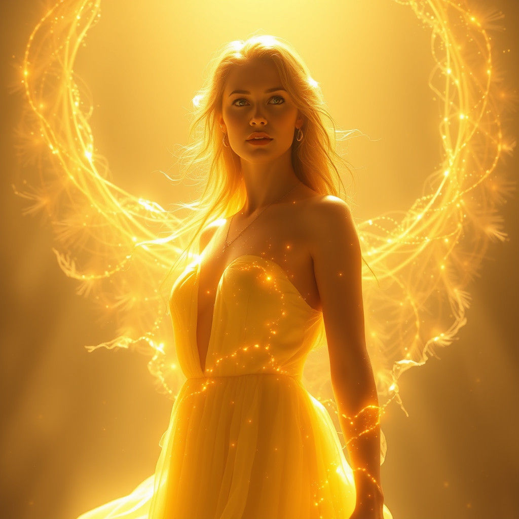 Empowered Ethereal Woman Radiates Inner Strength in Warm Gol...
