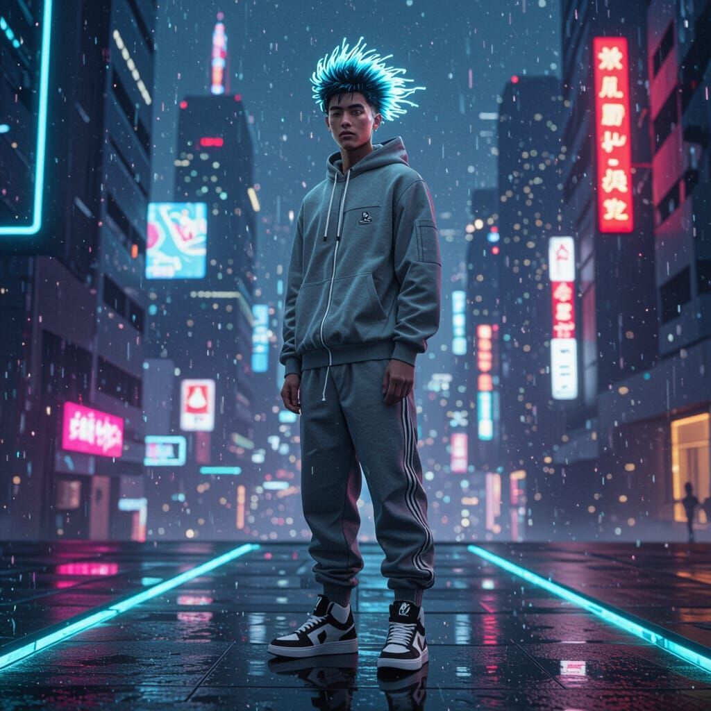 Young Man with Water Slide Hair in Futuristic Cityscape