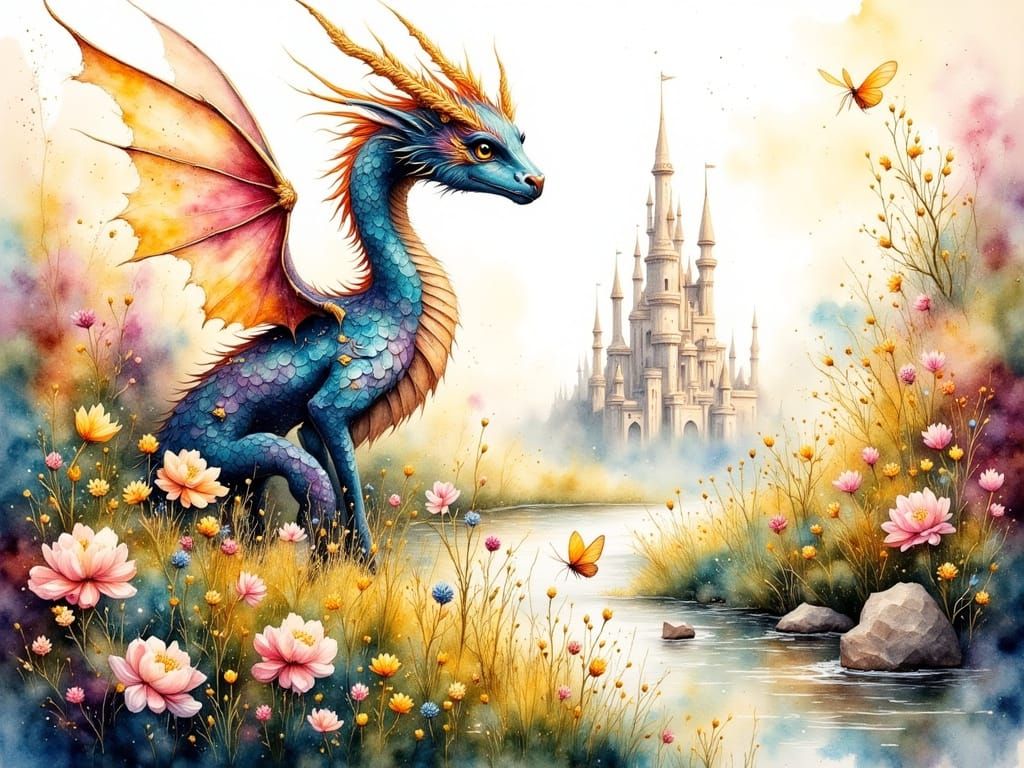 Fairy Realm with Dragon and Castle in Watercolor Style