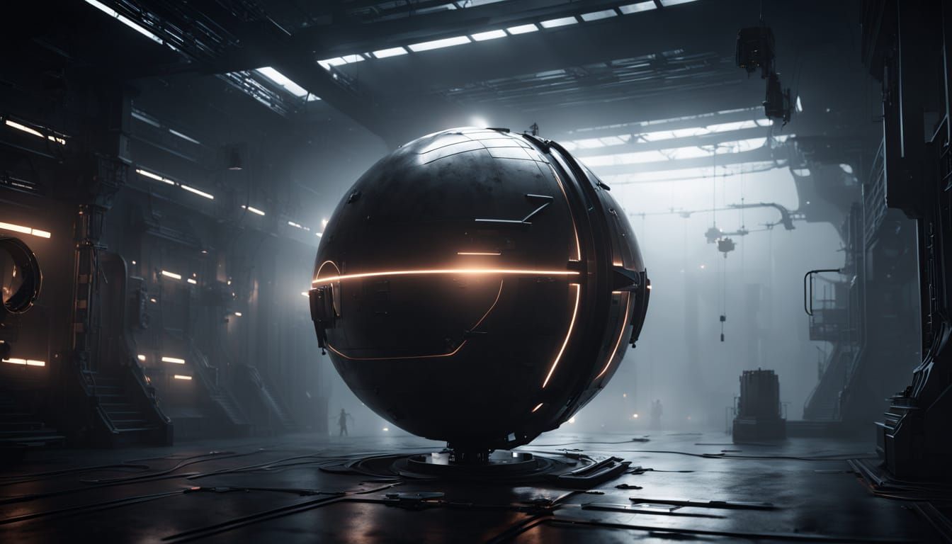 Sleek Metallic Orb in Dark, Eerie Fog