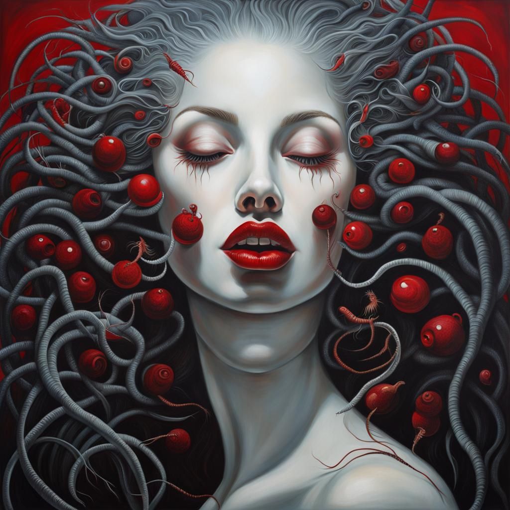 Surreal Woman with Ruby Lips and Squirming Worm Hair in Mono...