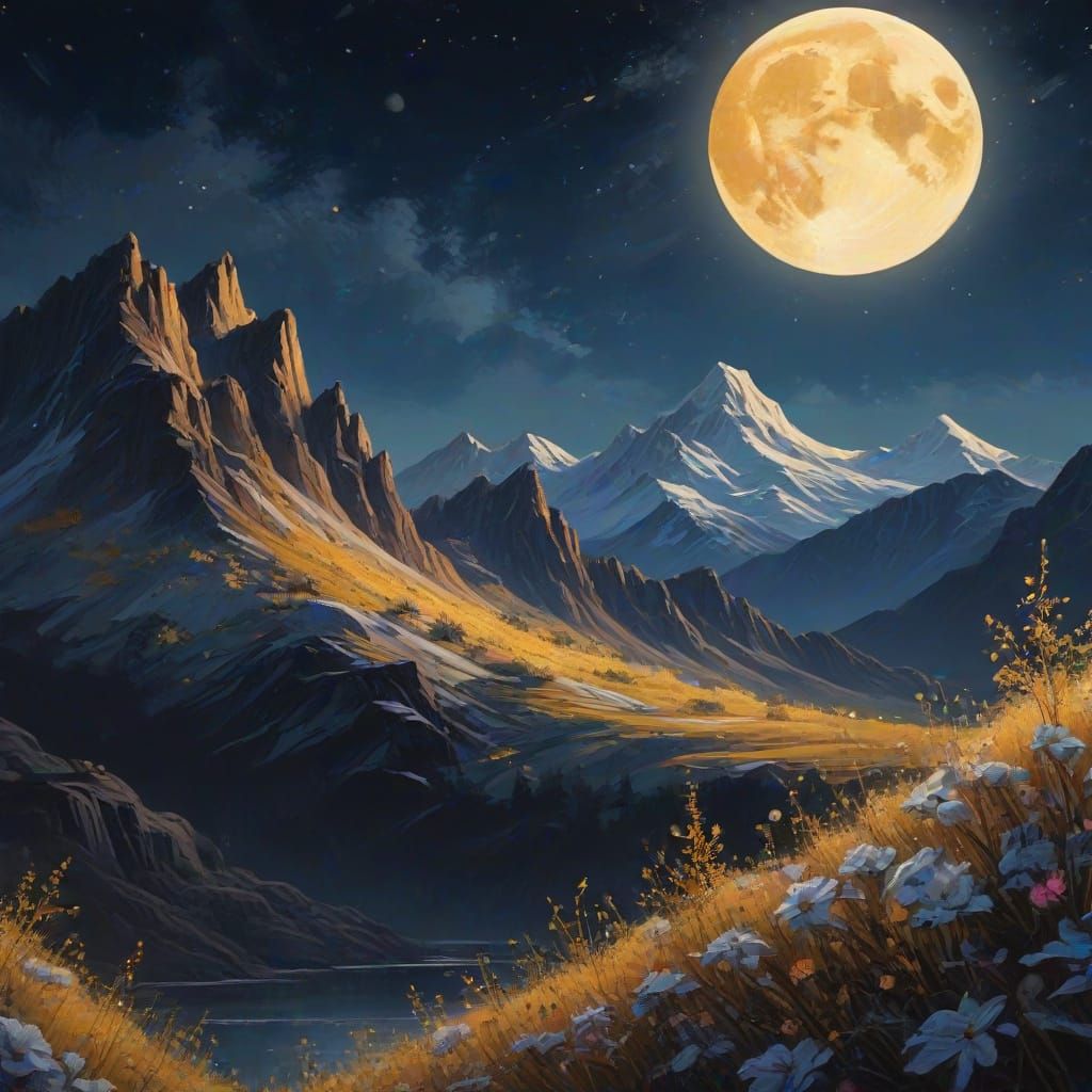 Impressionist Mountain Landscape with Golden Moonlight
