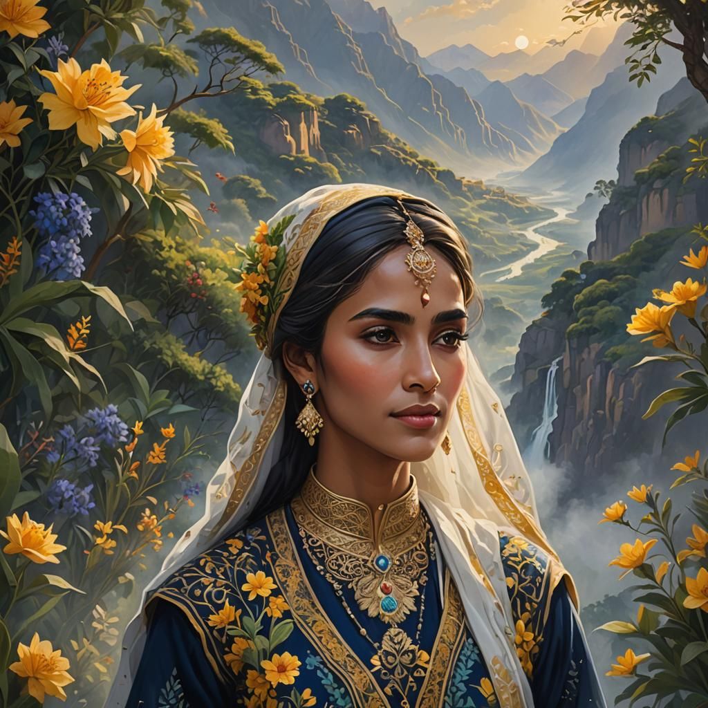 Warm Omani Woman amidst Lush Mountains in Vibrant Impression...