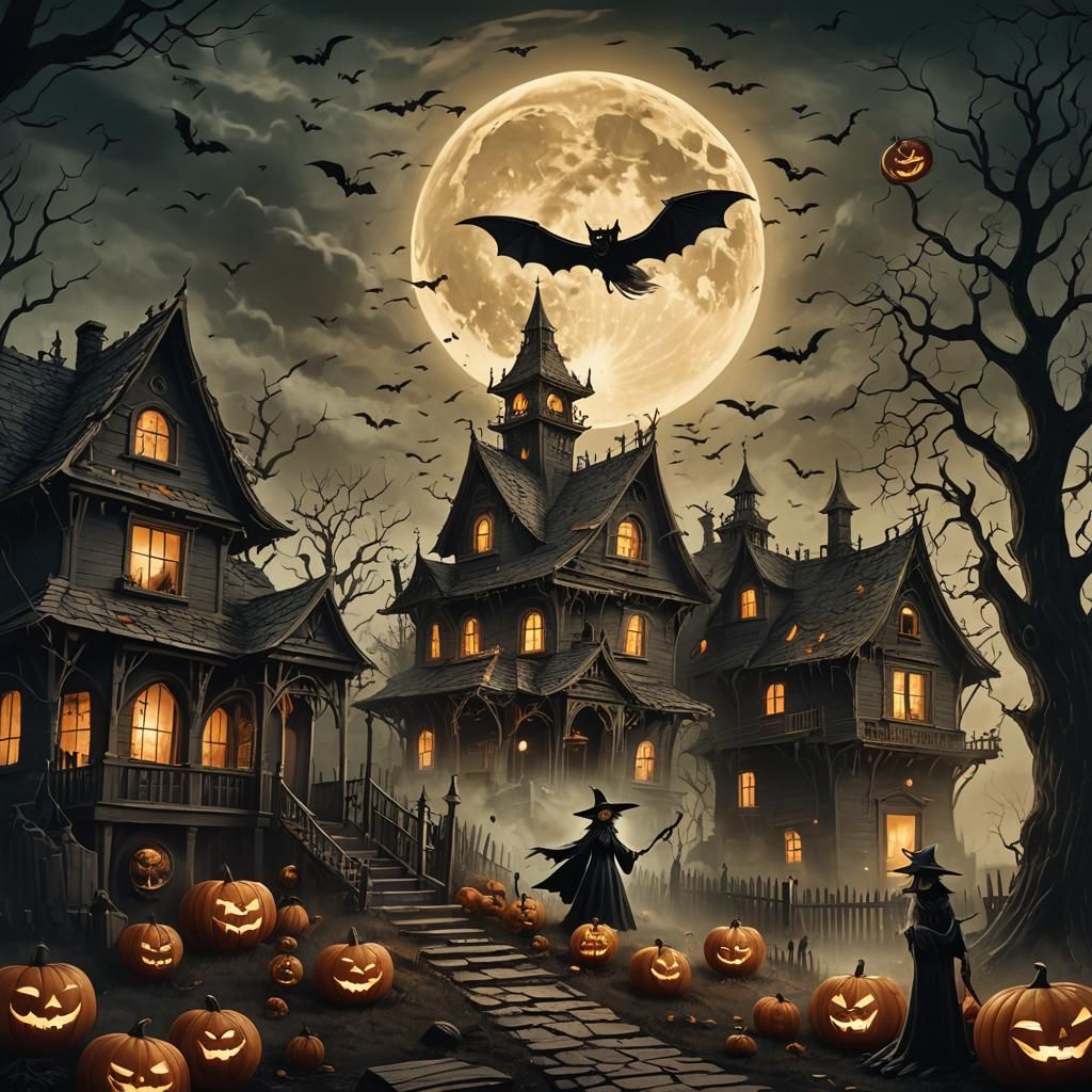 Eerie Witch Confronts Ghost House under Full Moon